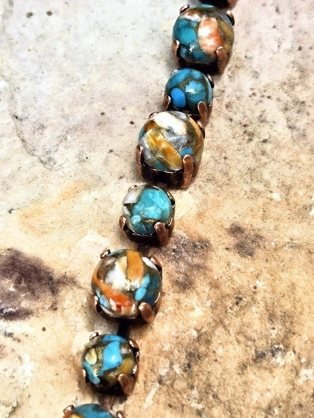 Genuine Turquoise & Spiny Oyster Copper In Artisan Antique Copper Bracelet